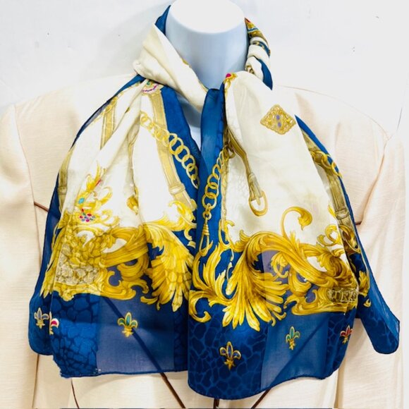 Vgt Trussardy 100% silk Scarf satin & chiffon 62x17" Blue Ivert Gold Flroal (18) - Picture 1 of 8